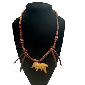 Handcrafted Tribal Beaded Necklace With Carved Animal Pendant & Wooden Accents